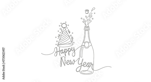 Simple line art illustration of a champagne bottle popping, celebrating the New Year with a party hat.