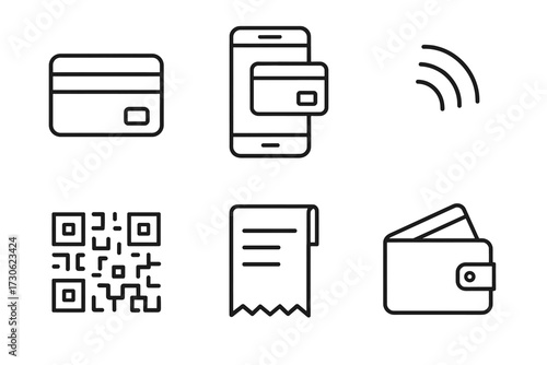 Digital payment icons: credit card, mobile payment, contactless, qr code, receipt, wallet