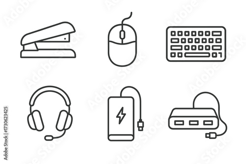 Office and tech icons: stapler, mouse, keyboard, headset, power bank, usb hub