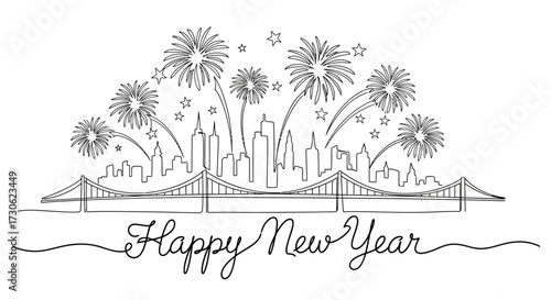 Line art illustration of a city skyline with fireworks over a bridge and the words "Happy New Year".