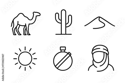 Desert icons: camel, cactus, sand dune, sun, water flask, person in turban outline