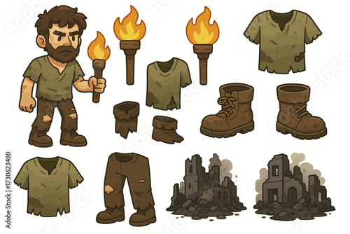Cartoon character with torches and worn clothing in post-apocalyptic setting