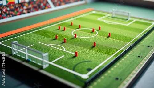 Tactical board with miniature soccer field showing formations,  team,  athlete