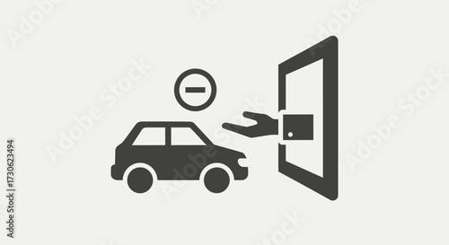 Icon depicting a car being removed or rejected, indicated by a minus sign and a hand.