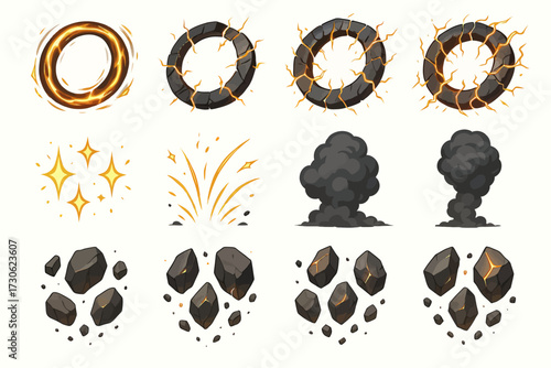 Animated magic effects set with fire rings, sparks, smoke, and rocks