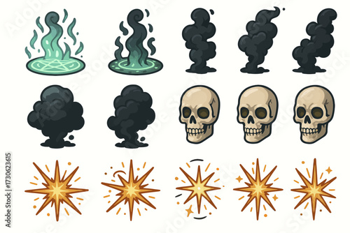 Mystical symbols: green flames, black smoke, skull icons, explosive stars