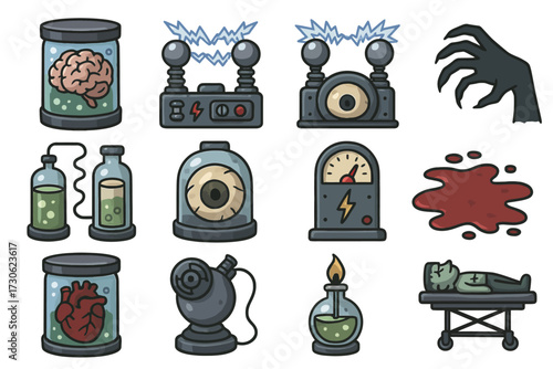 Spooky cartoon laboratory icons: brain, eyeball, heart, monster hand, blood