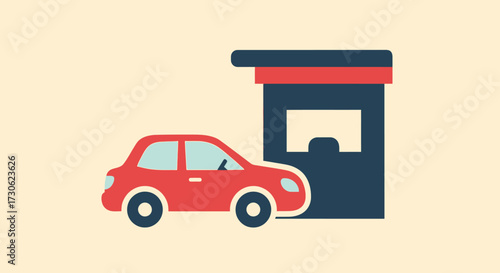 A red car approaches a toll booth, suggesting a payment transaction.