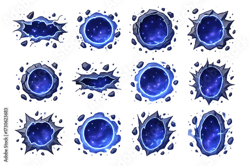 Set of cosmic energy impact holes with blue space vortex in comic style