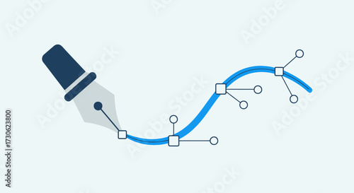 Vector illustration of a pen tool drawing a curved line with anchor points and handles on a light background.