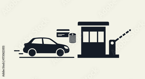 Illustration of a car passing through a toll booth, paying with coins and a credit card.