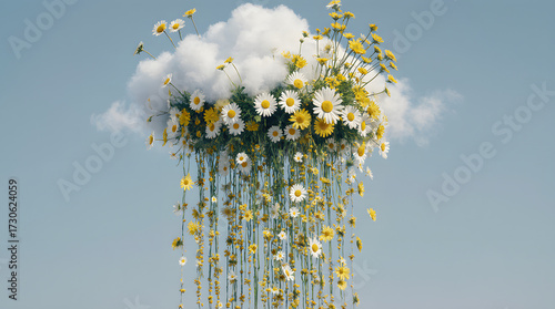 White cloud raining yellow daisies in a dreamy sky