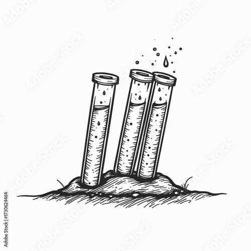 Laboratory test tubes with liquid and bubbles in the ground  