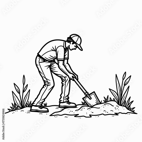 Young man digging in garden with shovel among grass and soil  