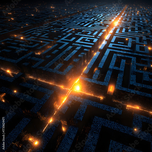 Intricate maze glowing pathways digital labyrinth futuristic network blue orange lights abstract technology complex structure mysterious energetic atmosphere