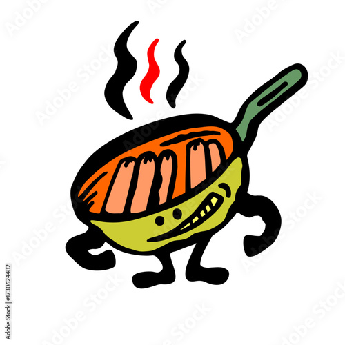 Vector color illustration of a steaming frying pan character, heated with sausages and a grimace of a grin, on a white isolated background