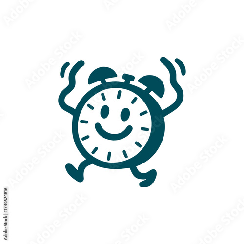 Cartoon clock with its hands bending like arms waving wildly, funny black and white pictogram icon