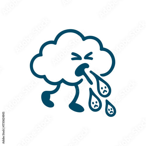 Cartoon cloud sneezing out raindrops shaped like tiny faces, funny pictogram vector