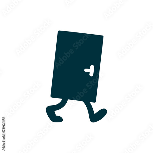 Cartoonic black and white pictogram of a walking door
