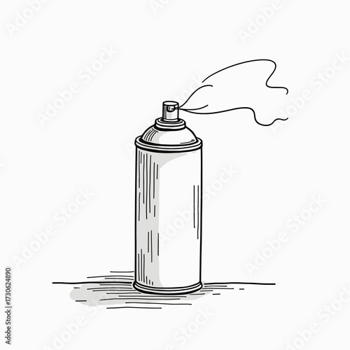 Spray paint can emitting mist on a white background  