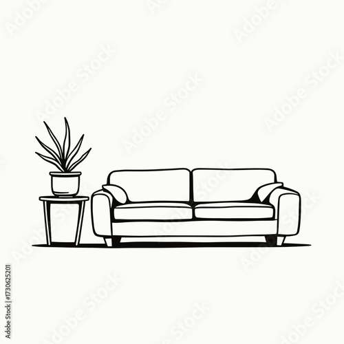 Modern couch with plant in minimalist style on white background  