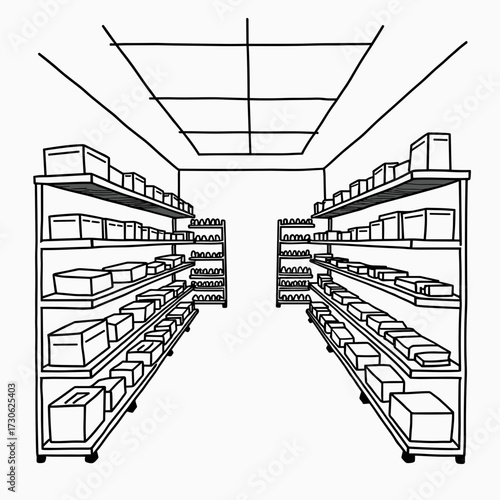 Outline of storage room with shelves and boxes in minimalist style  