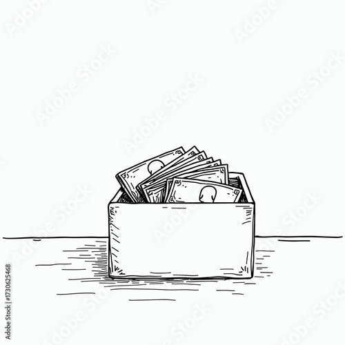 Box filled with money bills on white background  