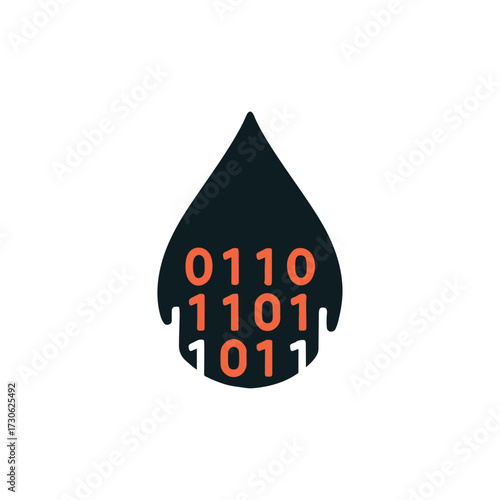 Flat duotone icon of a single water droplet where the bottom half melts into binary code
