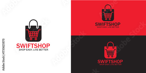 Swiftshop logo design featuring a shopping bag and cart icon