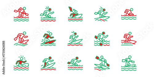 Red and green line art icons depicting various water sports activities on a white background showcasing active lifestyle and recreational pursuits