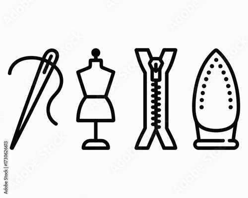 Sewing and Tailoring Icons Line Art Illustrating Needle Thread Mannequin Zipper and Iron Depicting Craftsmanship Apparel Design and Textile Creation for Fashion Projects