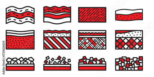 Variety of colorful abstract geometric patterns in red and white showcasing diverse design elements and creative artistic expressions