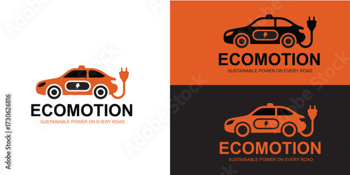 Electric car logo design showcasing sustainable power and ecofriendly transportation solutions for a greener future on every road with ecomotion