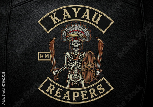 Fierce skeleton warrior emblem with tribal headdress, swords, and shield, embodying strength and rebellion on a leather background