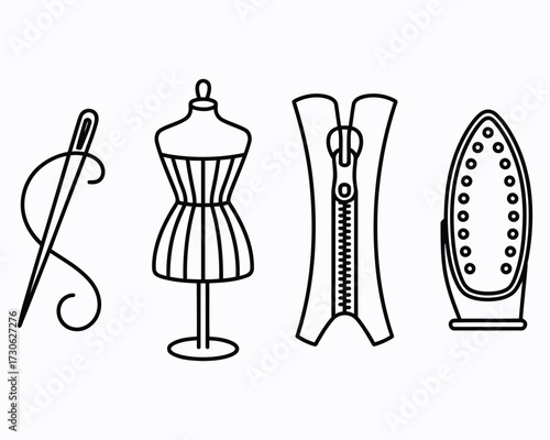 Creative Sewing and Tailoring Elements Depicting a Needle and Thread, Dress Form, Zipper, and Iron for Dressmaking Related Purposes and Crafting Activities