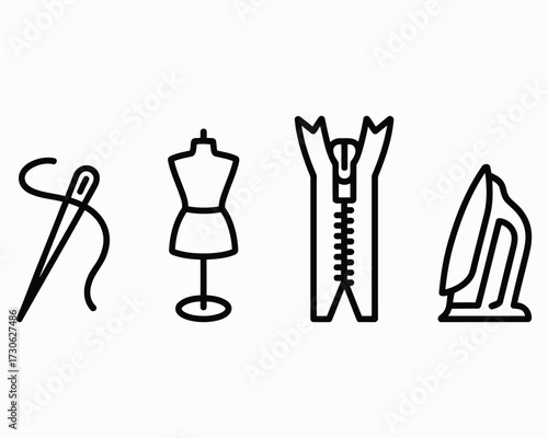 Sewing and Tailoring Icons Representing Fashion Design Tools and Garment Creation Equipment in a Minimalist Style