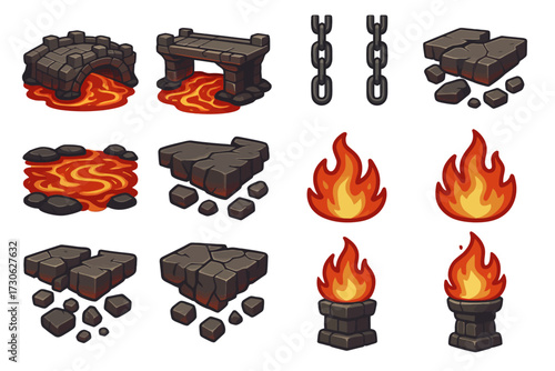 Cartoon lava and fire elements set with stones and chains for game design