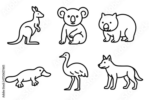 Black and white line art of australian animals including kangaroo and koala