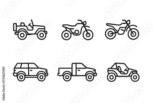 Outline icons of off-road vehicles and motorcycles