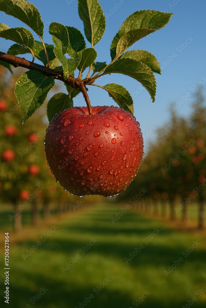 Obraz premium Dewy Red Apple in Autumn Orchard