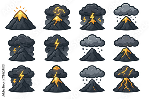 Volcanic eruption icons: eruption stages with lightning, clouds, and smoke