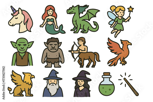 Fantasy creatures and characters collection: unicorn, mermaid, dragon, fairy, goblin, phoenix, wizard