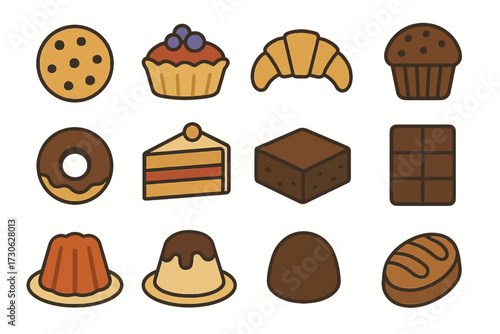Assorted bakery items icons: cookies, cakes, pastries, and breads