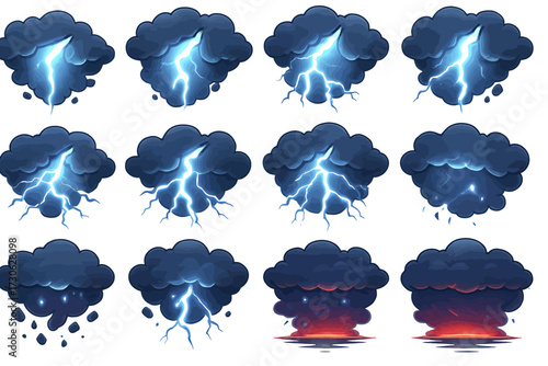 Set of animated storm clouds with lightning and raindrops variations on white background