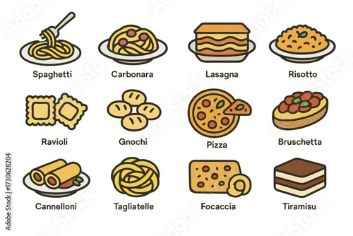Icon set of popular italian dishes: spaghetti, carbonara, lasagna, risotto, pizza, and more