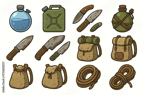 Cartoon hiking and camping gear: knives, backpacks, water bottles, ropes