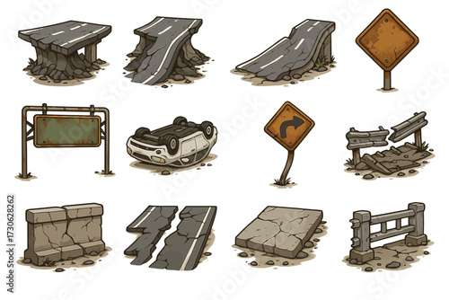 Collection of cartoon road elements including broken roads and traffic signs