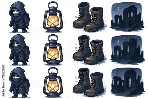 Stealthy hooded characters and equipment: lanterns, boots, ruined buildings at night