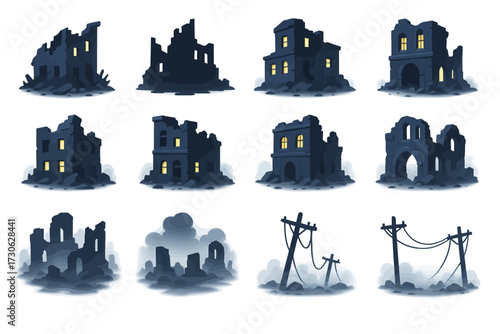 Collection of dilapidated buildings and utility poles in urban decay scene