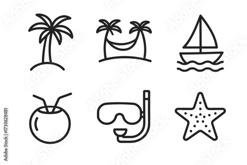 Tropical leisure icons: palms, sailboat, coconut drink, snorkel, starfish
